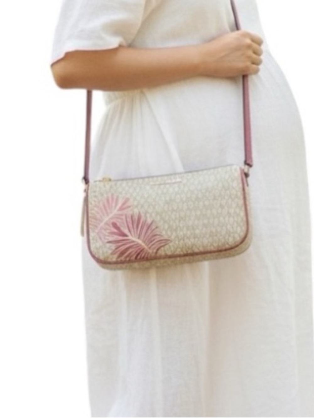 NWT Michael Kors Cream Signature Floral Crossbody With Pink Accents Gold HW